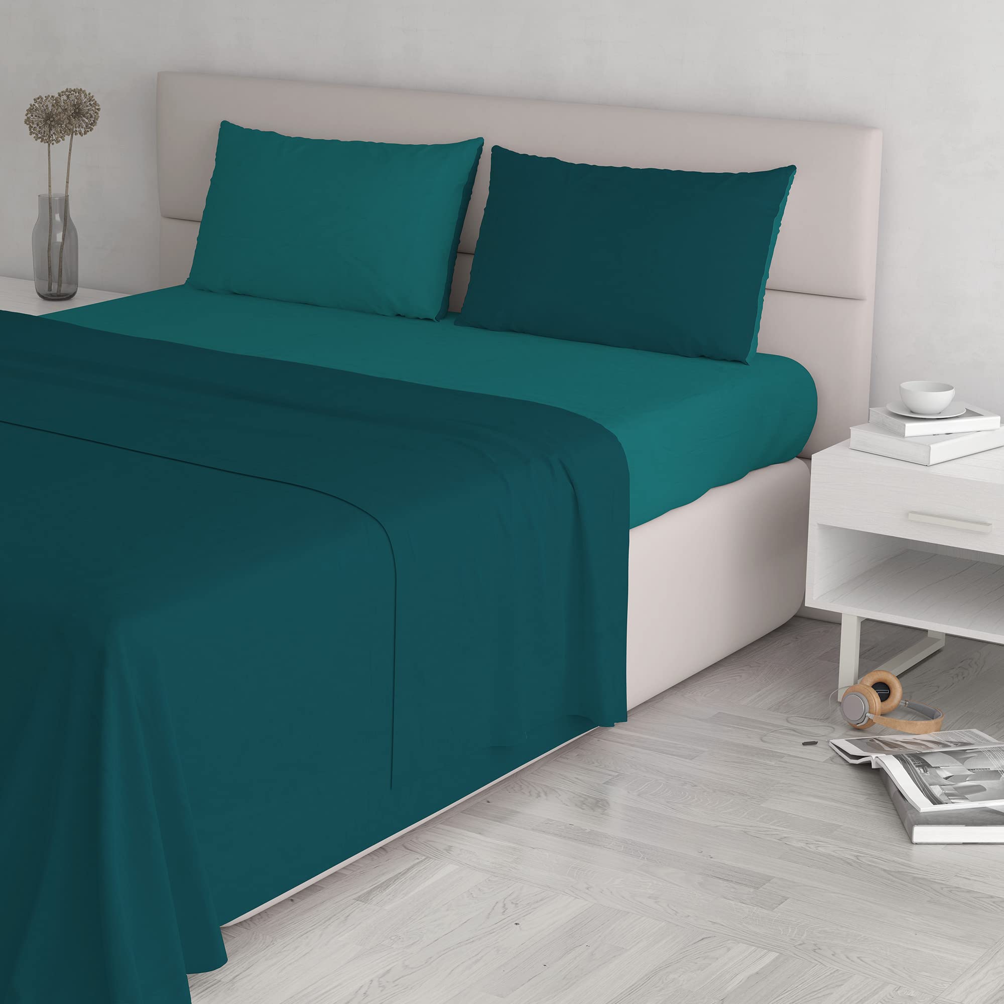 Italian Bed Linen Natural Color Bed Set (Flat 250x300, Fitted Sheet 170x200cm+2 Pillowcases 52x82cm), Petrol Bottle Green, DOUBLE