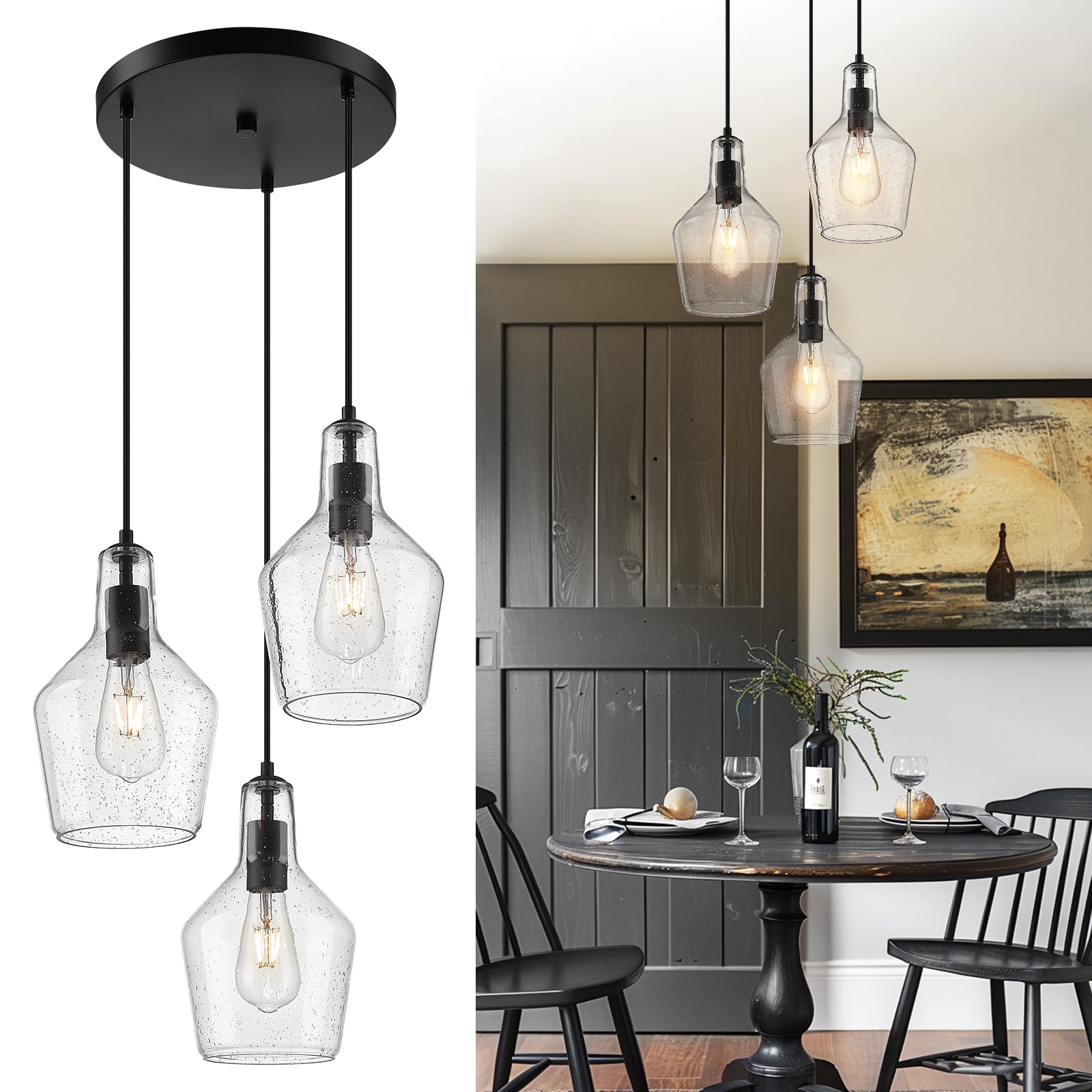 Photo 1 of Emliviar 3-Light Chandelier Hanging Light Fixture, Modern Cluster Pendant Lighting for Kitchen Island with Clear Seeded Glass, Black Finish, DYE286G2-3 BK