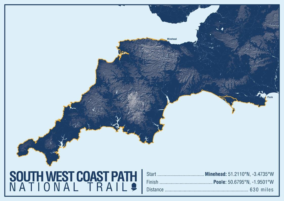 A-Z Maps South West Coast Path National Trail Map Print - 23.5" x 16.75" Rolled Canvas