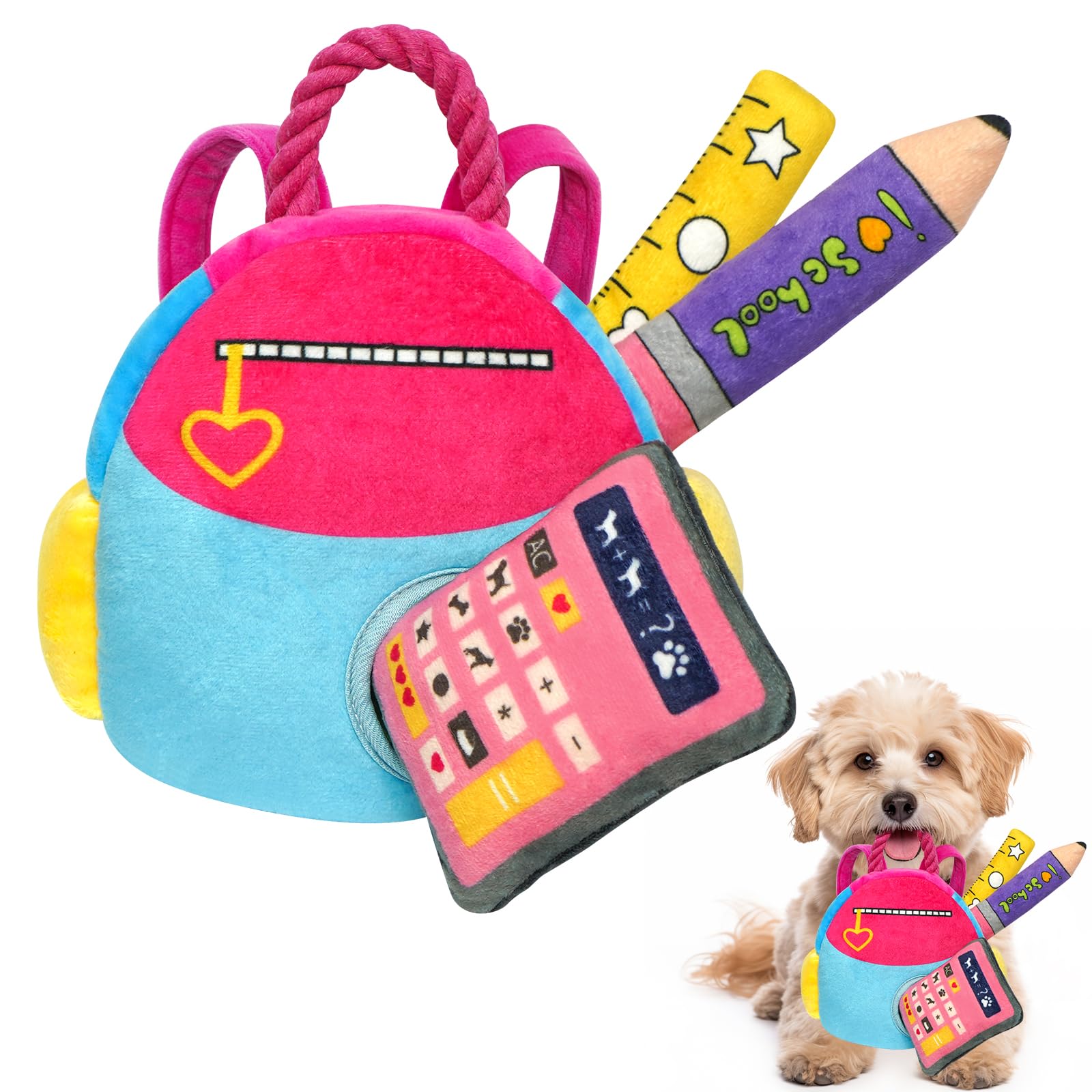 Lepawit Hide and Seek Dog Toys, Squeaky Interactive Puzzle Dog Toys for Boredom and Stimulation, Dog Enrichment Toys with Rope for Small and Medium Dogs - Schoolbag