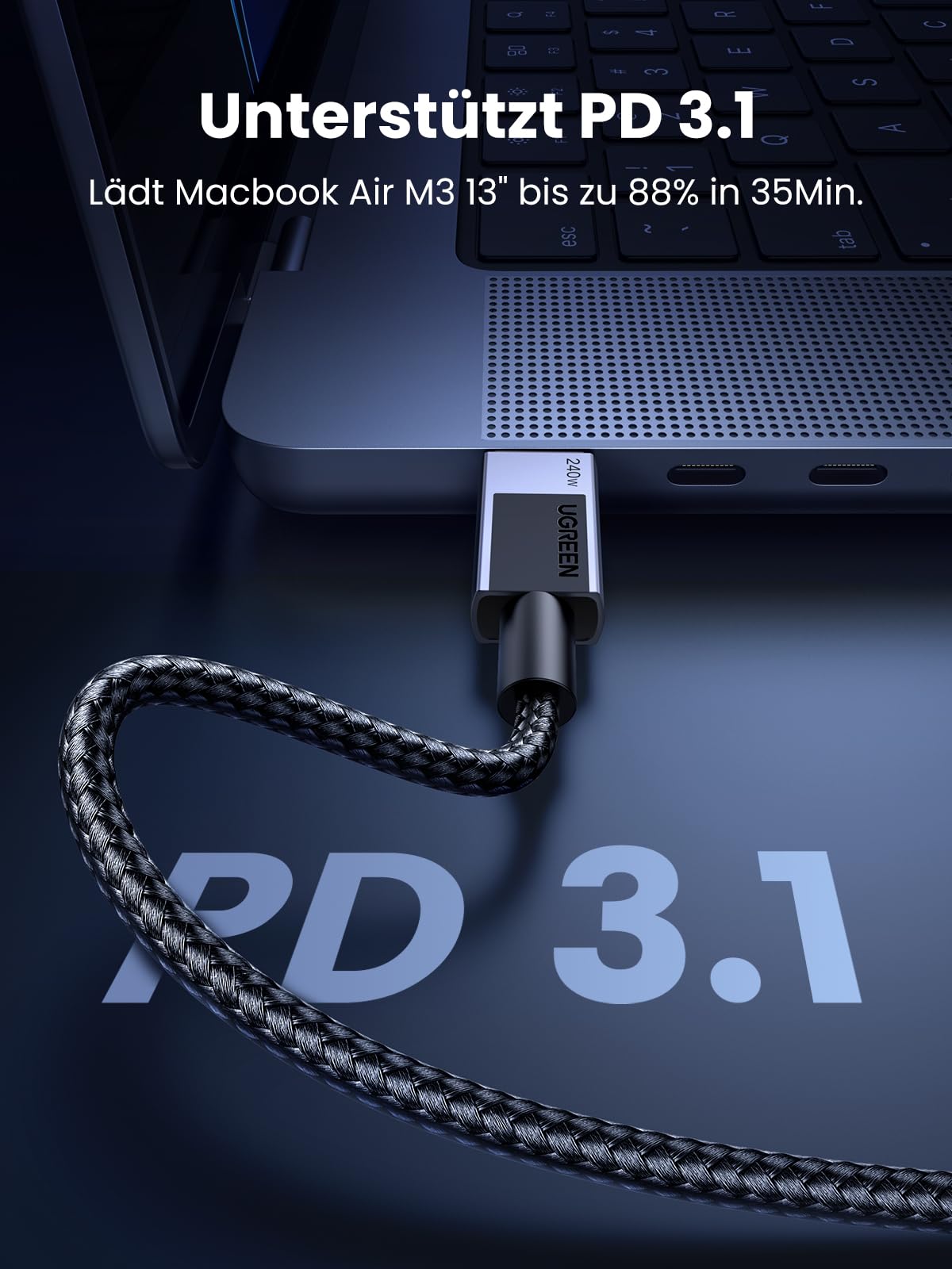 UGREEN 240W USB C auf USB C Kabel PD 3.1 USB C Ladekabel Schnellladekabel kompatibel mit iPhone 17/Air/16/15, M3 MacBook Pro/Air, iPad Pro/Air 2024, Galaxy S24 Ultra Pixel 9, Steam Deck usw. (1M) 3