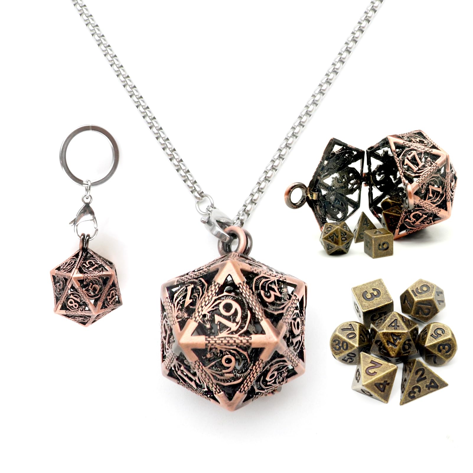 Haxtec Mini Metal DND Dice Set With Copper Hollow D20 Necklace Dice Case Antique Tiny Metal Dice Set D&D Keychain Portable 7PCS Dice Set — image 1