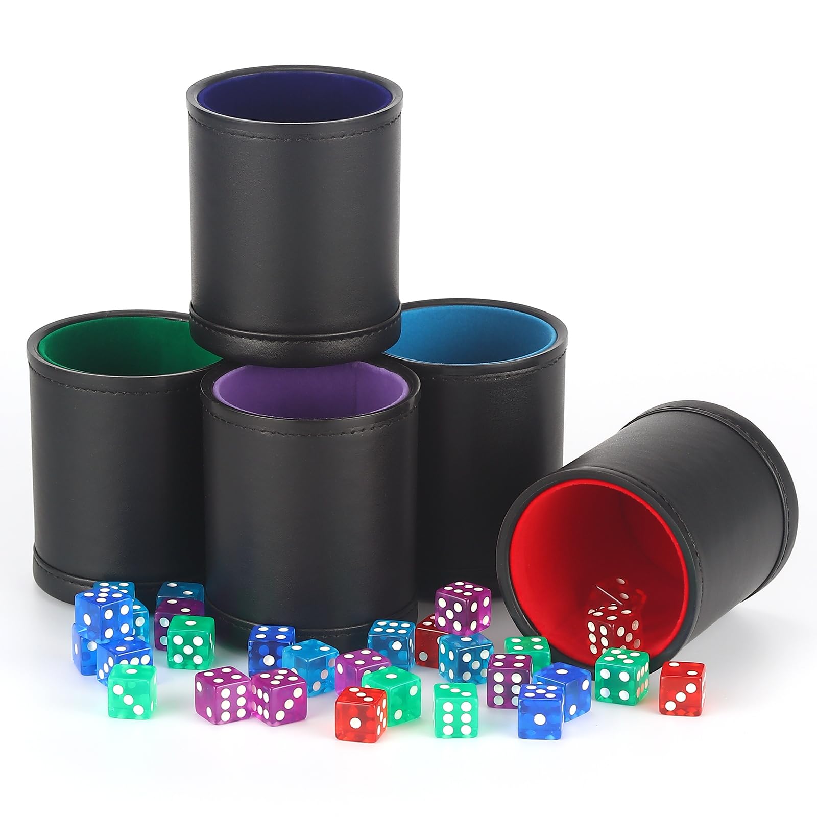 5 Pack PU Leather Dice Cups Velvet Felt-Lined Shaker Cups with 30 Dot Dice for Bar Party Yahtzee Farkle Dice Games