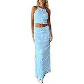 Womens Y2k Maxi Skirt Set Backless Lace Halter Crop Top and Long Skirt Sets Beach Cocktail Club Dress 2 PCS Outfit