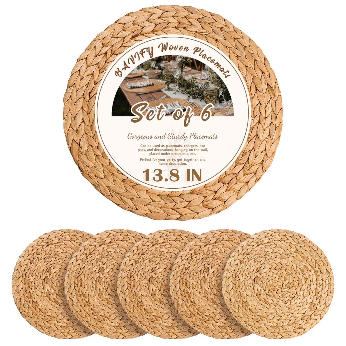 Photo 1 of 13.8 in Round Boho Placemats Set of 6, Woven Plate Chargers for Dining Table Decor Farmhouse Rustic Rattan Wicker Table Mats Chargers for Dinner Plates Jute Braided Place Mats