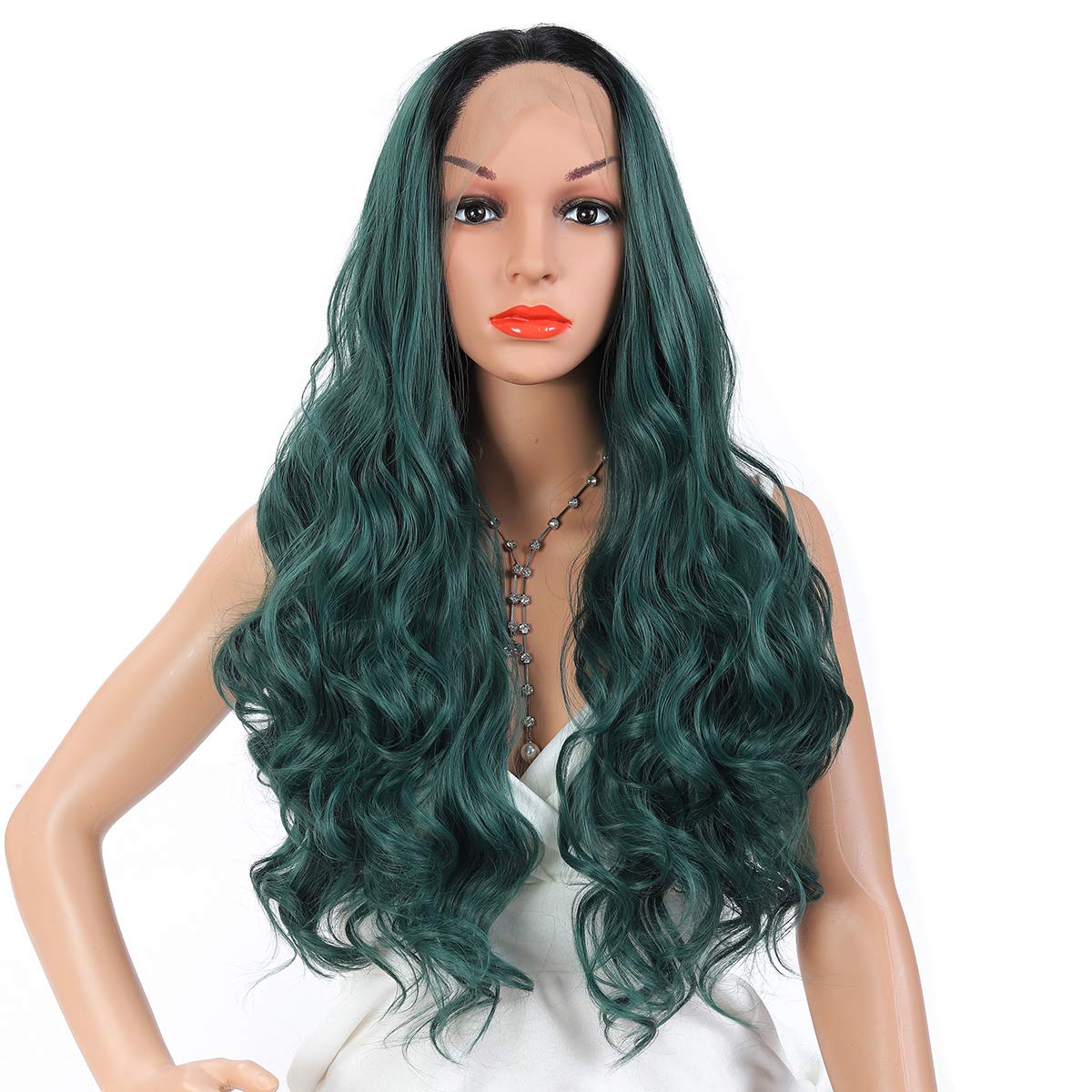 Chisu Synthetic Lace Front Wigs For Women Wavy Natural Hairline 24 inches Ombre Color T1B-Green