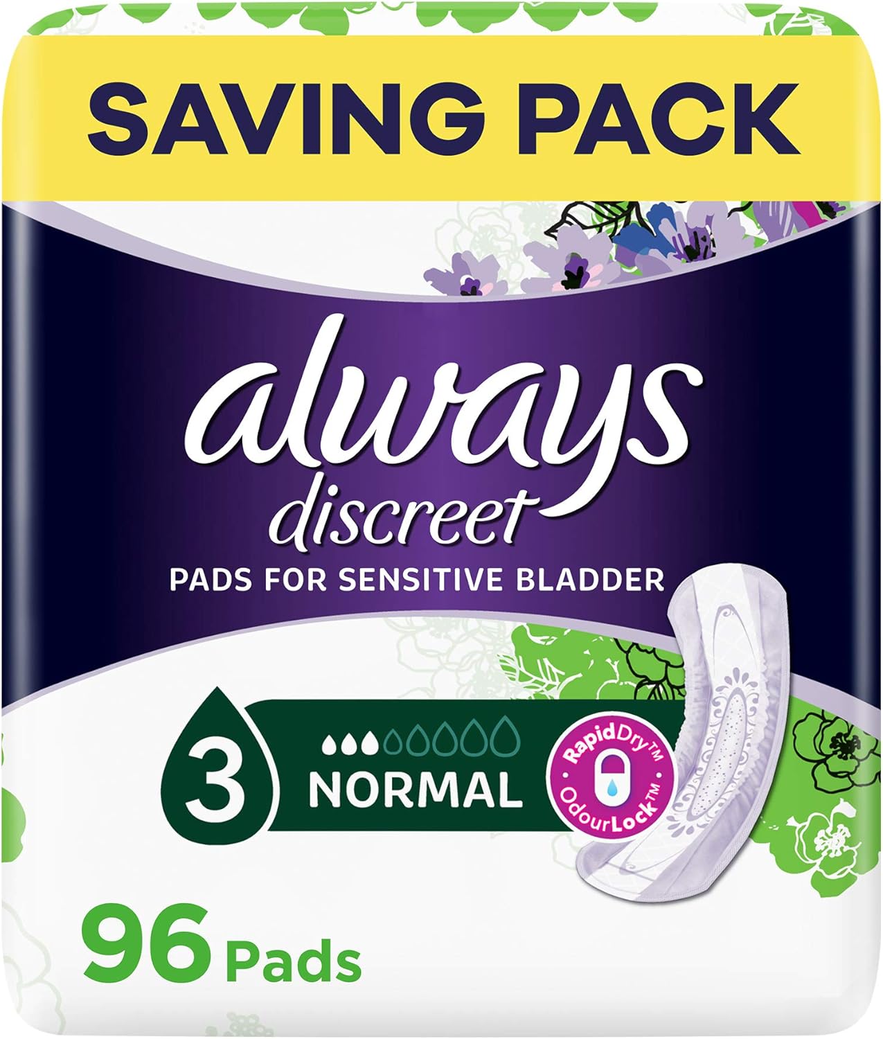 Always Discreet Incontinence Pads for Women, Normal, Saving Pack 96