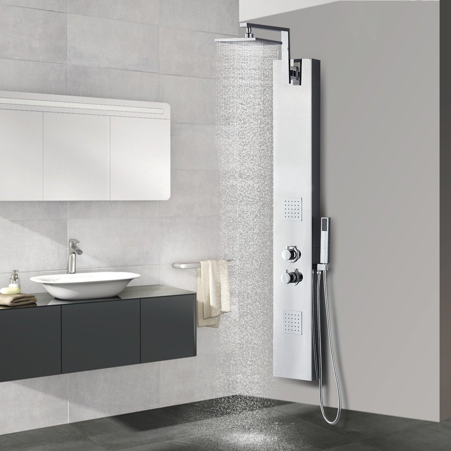 Gentory 55" 8K Mirror Stainless Steel Shower Panel Rainfall Overhead Shower Thermostatic Faucet with Jets & Hand Shower