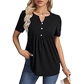 LYANER Women's Notch Neck Short Sleeve Ruched Pleated Flowy Dressy Casual Tunic Top
