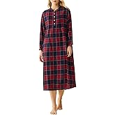 Latuza Women's Cotton Plaid Flannel Nightgown Long Sleeves Pleated Gown with Pockets