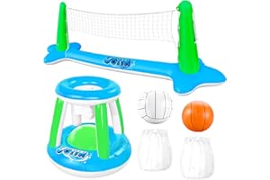 JOYIN Inflatable Volleyball Net & Basketball Hoops Pool Float Set; Balls Included for Kids and Adults, Summer Pool Game, Floa