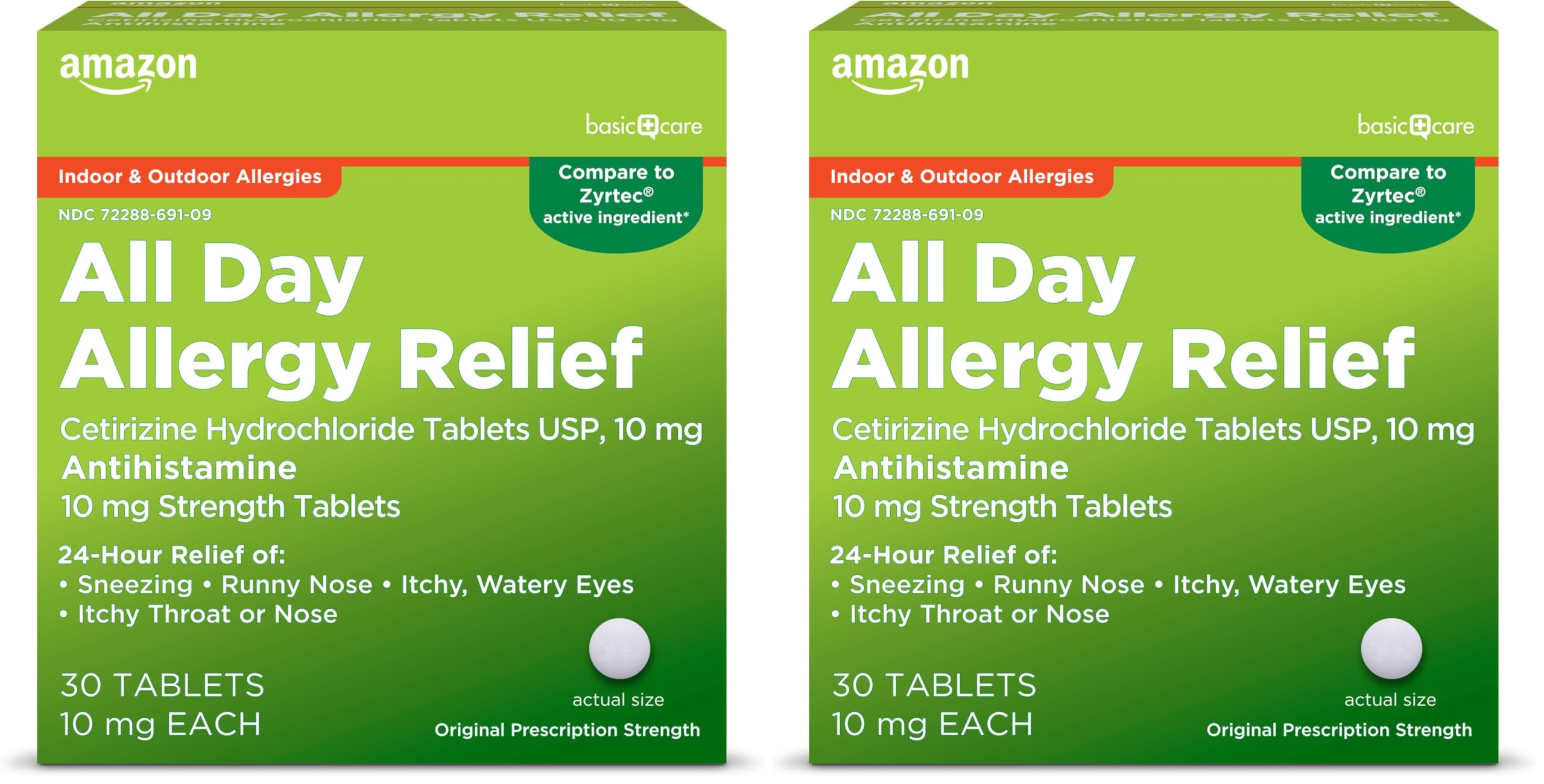 Amazon Basic Care All Day Allergy,Cetirizine Hydrochloride Tablets,10 mg,24-Hour Relief for Sneezing,Runny Nose,Itchy Eyes&Throat,Indoor&Outdoor Allergy Relief,30 Count (Packaging may vary)(Pack of 2)