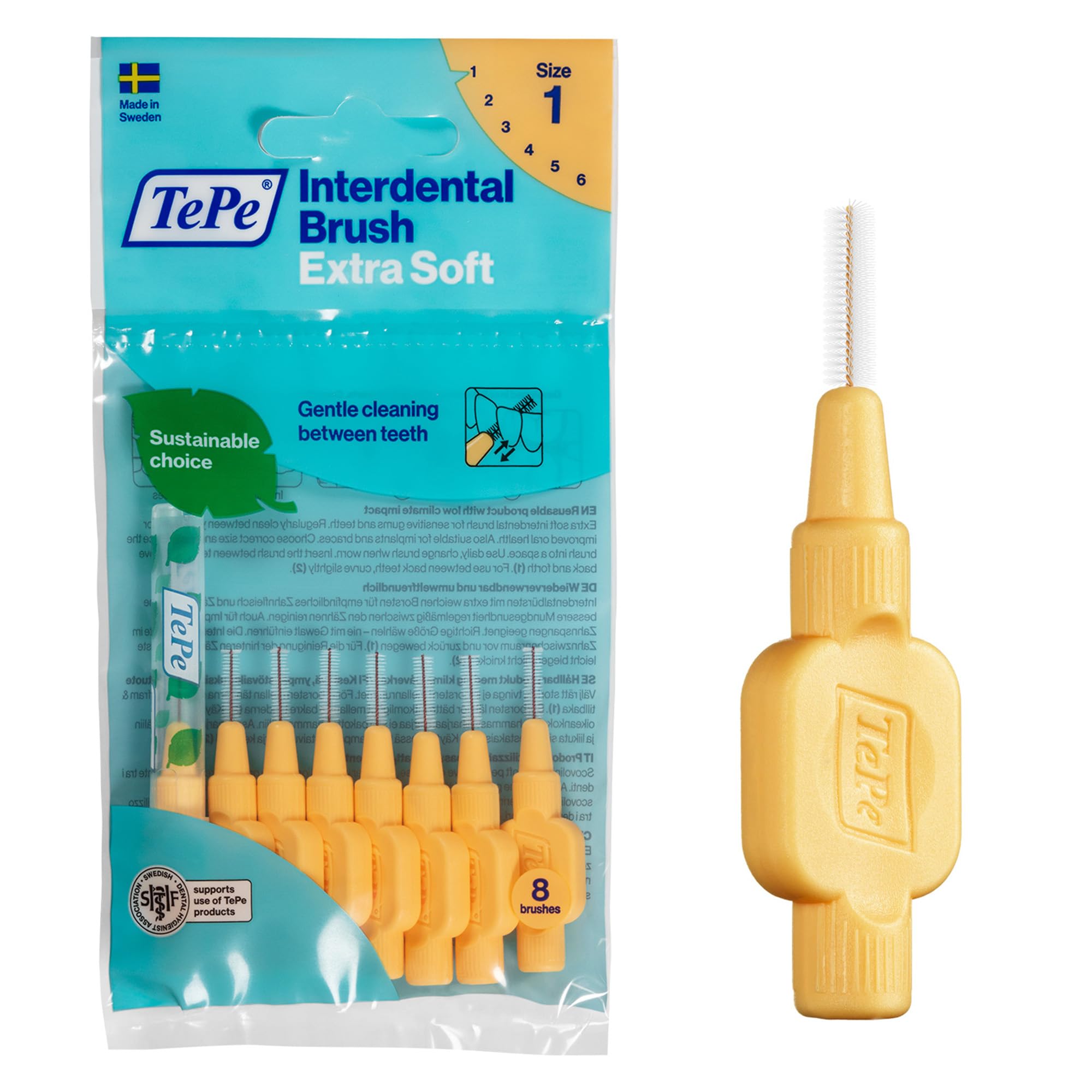 TePe Interdental Brush, Extra Soft, Orange, 0.45mm/ISO 1, 8pcs, Teeth Cleaning Plaque Removal, efficient Clean Between Teeth, for Narrow Gaps