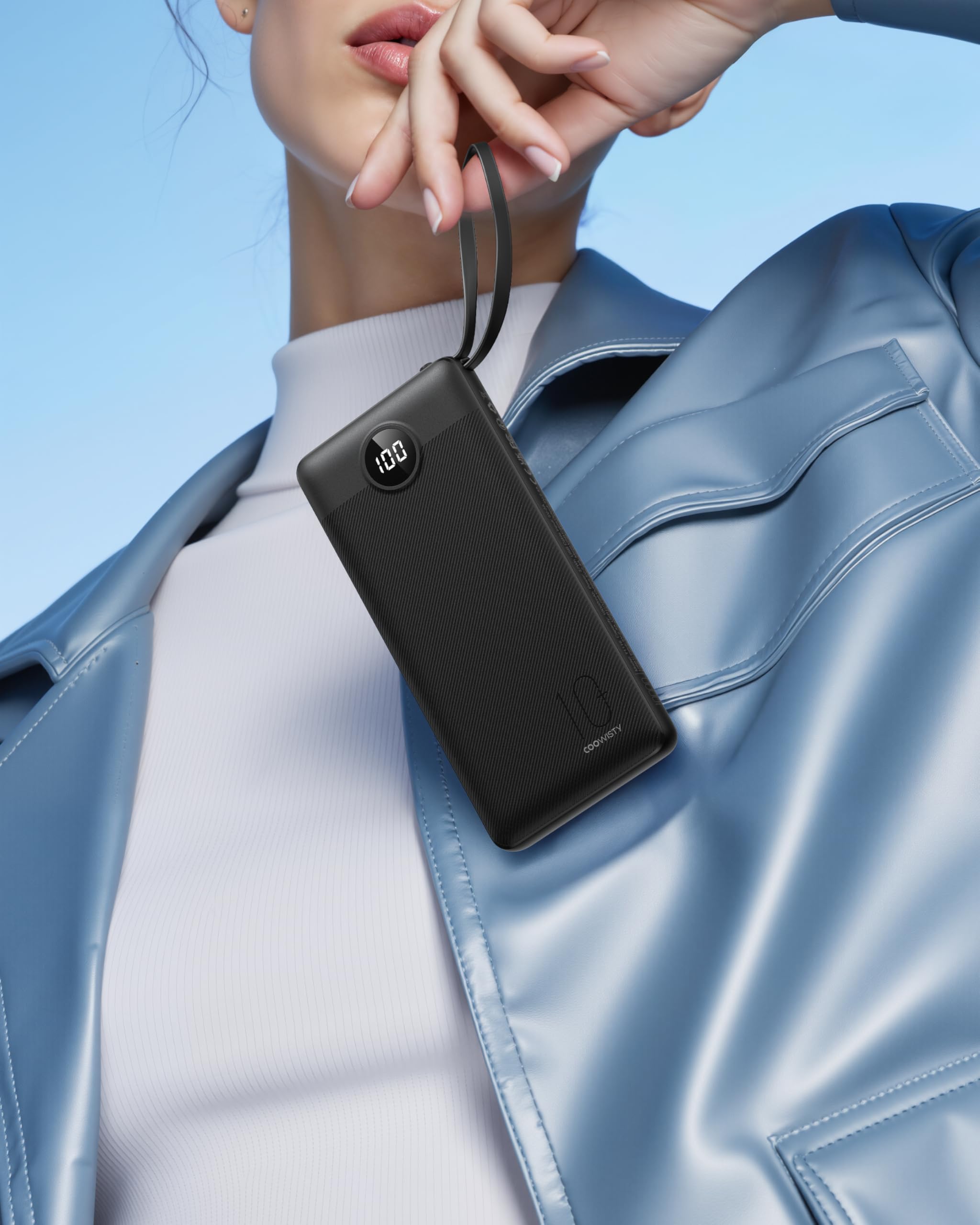 Coowisty Power Bank mit Ladekabel, 10000mAh Tragbares Ladegerät USB C, 5 Ausgänge 2 Eingänge LED Display Externe Akkupack für Handys,Kompatibel mit iPhone, Samsung, Huawei und mehr (Schwarz) 8