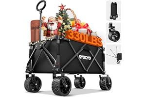 SYOCYO Collapsible Foldable Wagon Cart, Heavy Duty Folding Wagon with 330lbs Weight Capacity, Beach Wagon with All-Terrain Wheels Utility Garden Cart for Camping, Sports, Beach and Shopping, Black
