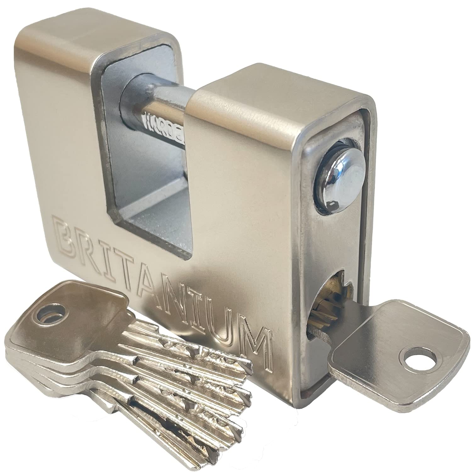 Britanium® BRP74 [Armoured] High Security Container Padlock - [Heavy Duty] - [Anti Drill Cylinder] - Also Ideal Motorbike, Shed & Garage Lock (5 Keys) Silver