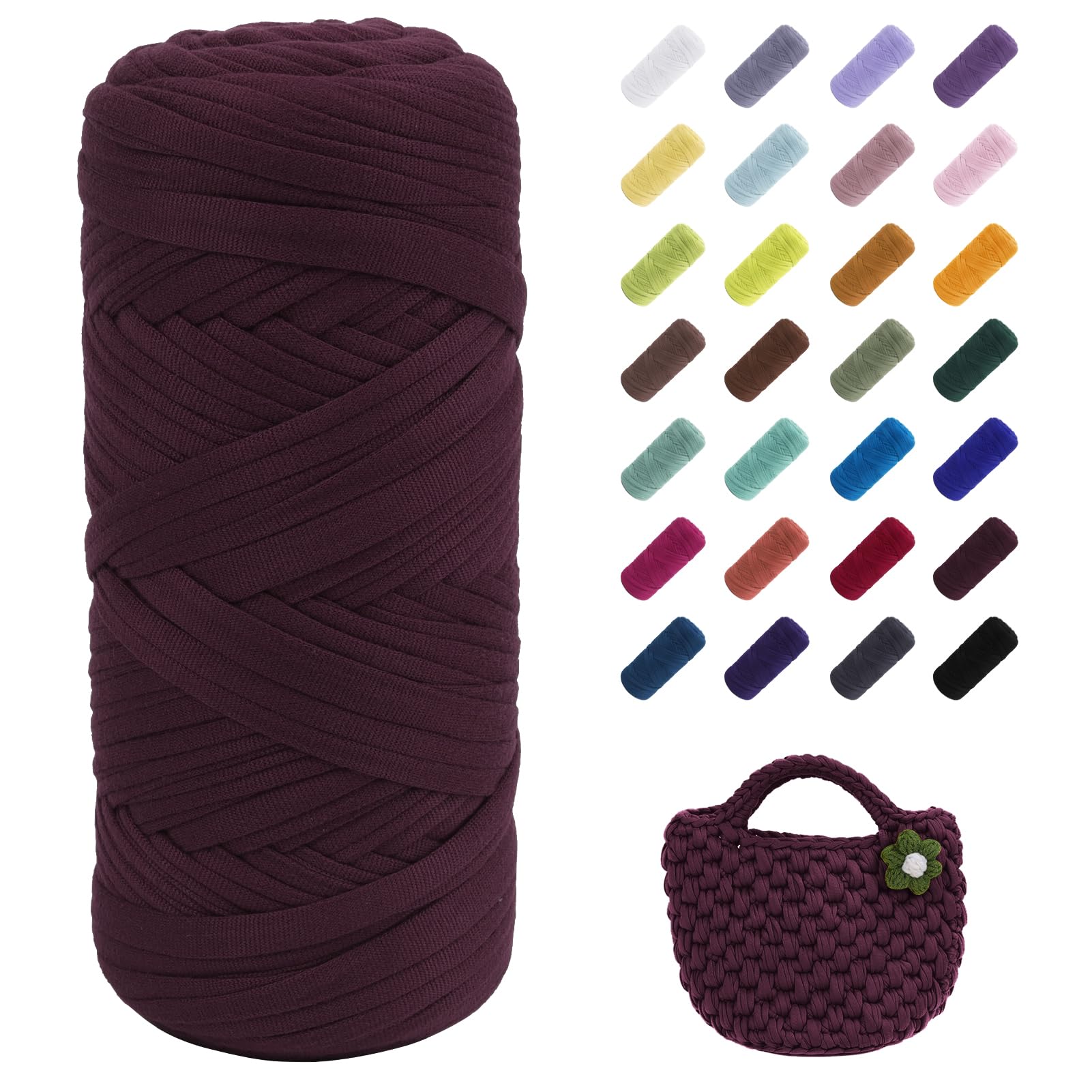 Uiopa T-Shirt Yarn, 200g/196ft Elastic Fabric Cloth Knitting T Shirt Yarn, Wine Red Thick Crochet Fabric Ribbon for Crocheting Bags/Baskets/Rugs, Home Decor, DIY Crafts