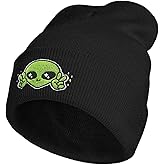 YIEOFH Cute Alien Peace Embroidery Beanie Hat for Men Women Winter Warm Stretch Skull Knit Hats Cap Black