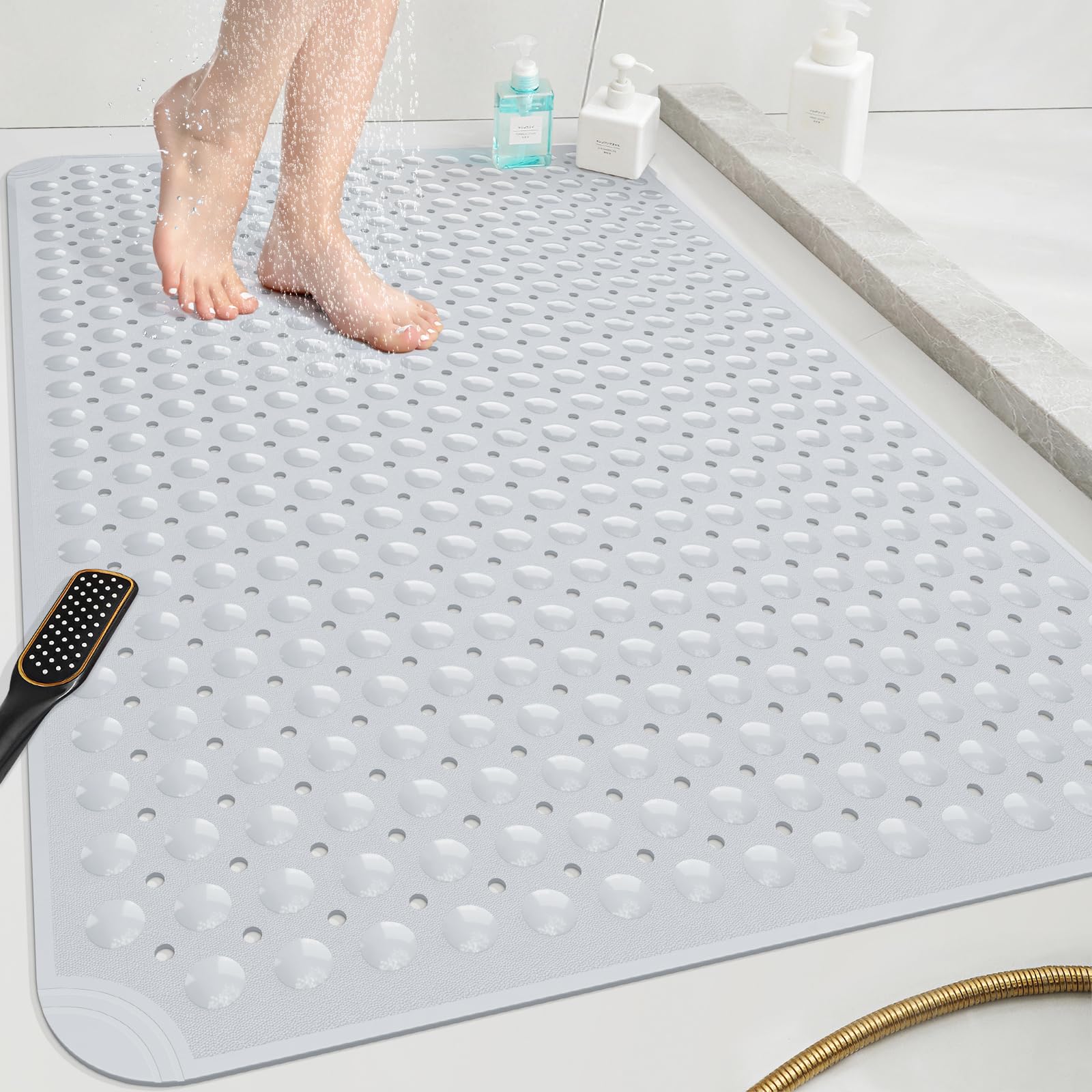 Photo 1 of OTHWAY Extra Large Shower Mat 47"x 32", TPE Non Slip Shower Mat for Shower Stall, Inside Walk in Shower Mats with Drain Holes Suction Cups, Anti-Slip for Elderly Kids (Light Grey)