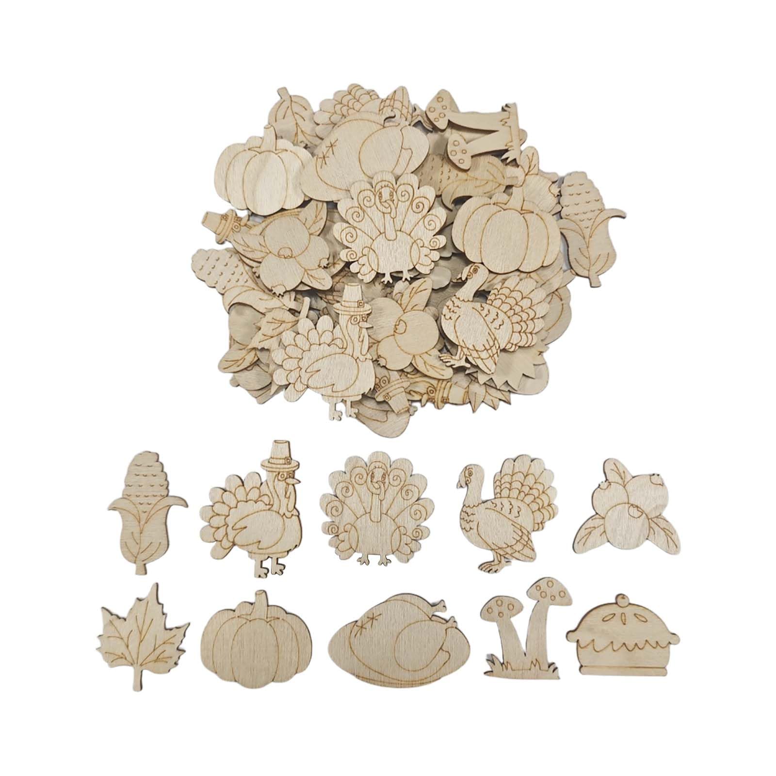 Photo 1 of 100pcs Mini Fall Thanksgiving Wooden DIY Crafts Maple Leaves Pumpkin Turkey Unfinished Wood Cutouts Ornaments for Thanksgiving Fall Home Decoration