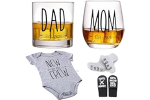 AXQANIA New Parents Pregnancy Gift – Mom and Dad Est 2024 11 oz Whiskey Glass Gift Set with Romper (0-3 Months) and Baby Socks ​- Top New Parents Gifts for Mom and Dad to Be - Baby Shower
