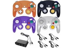Poulep 4 Pack Wired Gamecube Controllers with 4 Port USB Adapter and 4 Pcs Extension Cord Set for Game Cube, Switch, WII, Wii U Console, PC (Orange Purple Silver Black