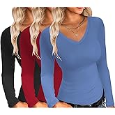 Ekouaer Womens 3 Pack Long Sleeve Shirts V Neck Slim Fit Lightweight Layer Tops 2024 Fall Clothes Thermal Undershirts