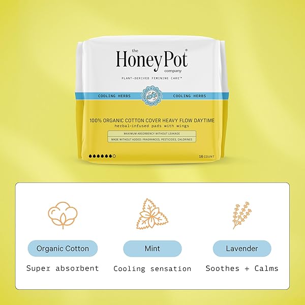 THE HONEY POT COMPANY – HERBAL SANITARY PADS FOR WOMEN – HEAVY FLOW W/WINGS – INFUSED W/ESSENTIAL OILS FOR COOLING EFFECT & ORGANIC COTTON COVER – FEMININE CARE – FSA & HSA – 16 CT
