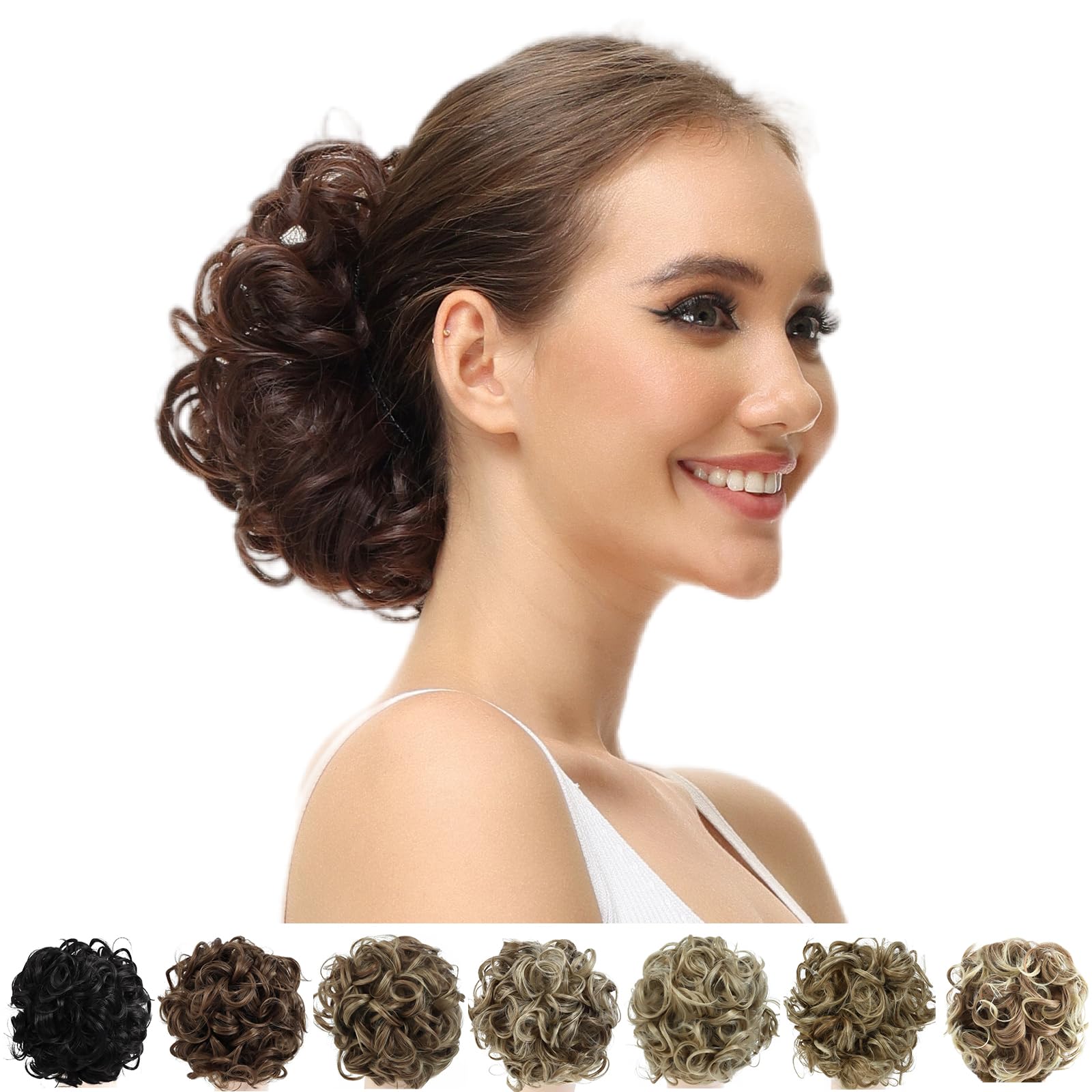 Photo 1 of Yamel Messy Bun Scrunchie Chignon Hairpiece Updo Curly Bun Extension Combs in Messy Bun Hair Piece for Women Dark Brown