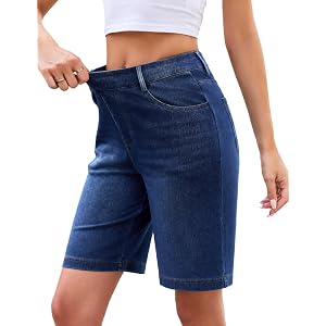 TOSATISFINE Womens Elastic Waist Stretchy Pull On Bermuda Jean Shorts | High Waisted, Tummy Control, Loose Fit, Knee Length,