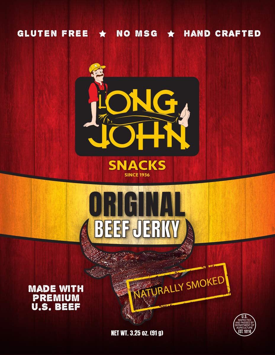 Long John Snacks Beef Jerky (Original) - 4 Packs of 3.25 oz, 6g of Protein per Oz, Gluten Free, No MSG, Naturally Smoked Premium U.S. Beef