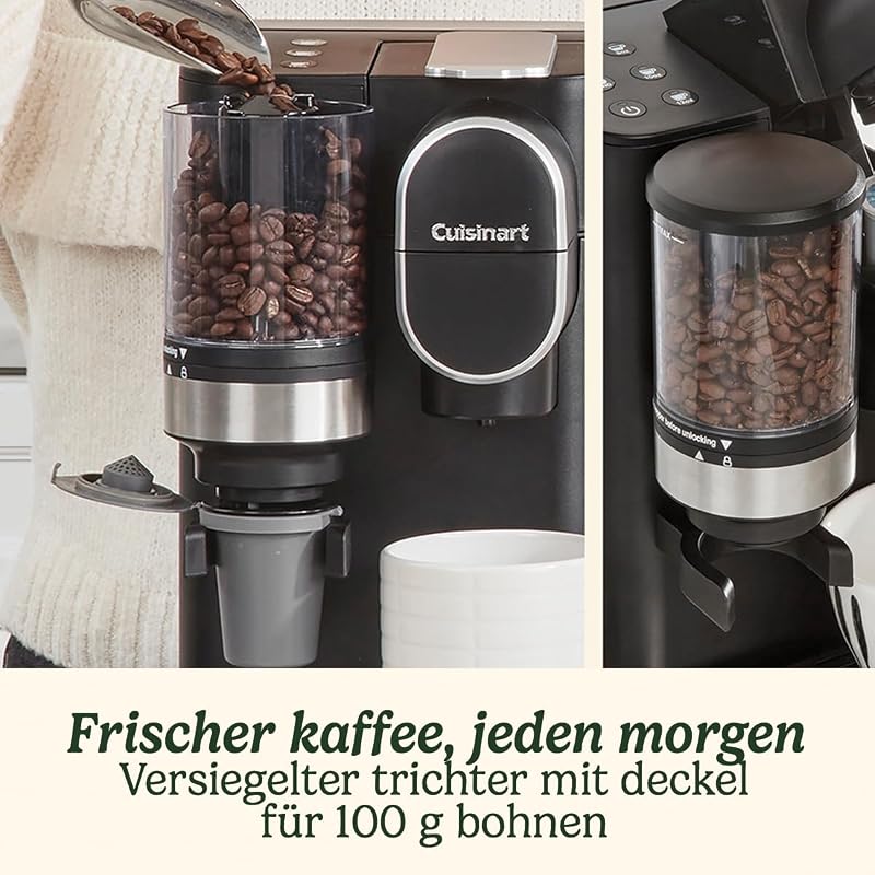 Kaffeemaschine für eine Tasse, gemahlen und gebrüht | Single serve Filterkaffee | Eingebautes Kegelmahlwerk aus Edelstahl | 3 Tassengrößen wählen | Wiederverwendbare Filterkapsel | Schwarz