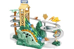 JUKUDAHU Dinosaur Climbing Slide Stair Toy for Toddlers Aged 3 4 5 6 7 8 - Racing Track Game Set, Sliding Car Toy, Dinosaur Themed with Light and Music, Birthday Dinosaur Gifts for Boys Girls Kids