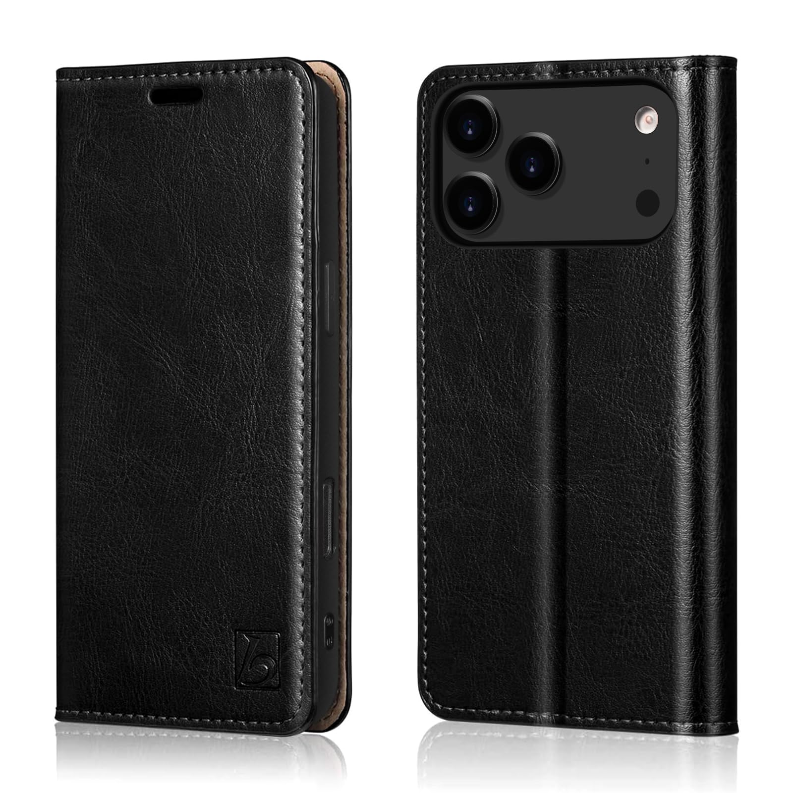 Belemay Leather Wallet Case Compatible with iPhone 17 Pro Max, Premium Cowhide Leather Two-Tone Effect, RFID Blocking Card Holders, Shockproof TPU Shell, Kickstand, Protective Flip Cover, 6.9", Black