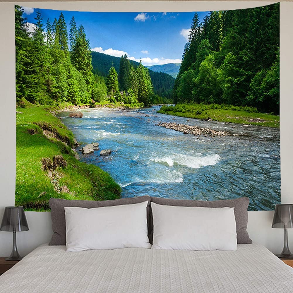 Forest Wall Tapestry - Green Tree and Mountain Landscape with Blue Sky and River - 150X200cm, 59"X79" for Bedroom, Dorm, Living Room Home Decor