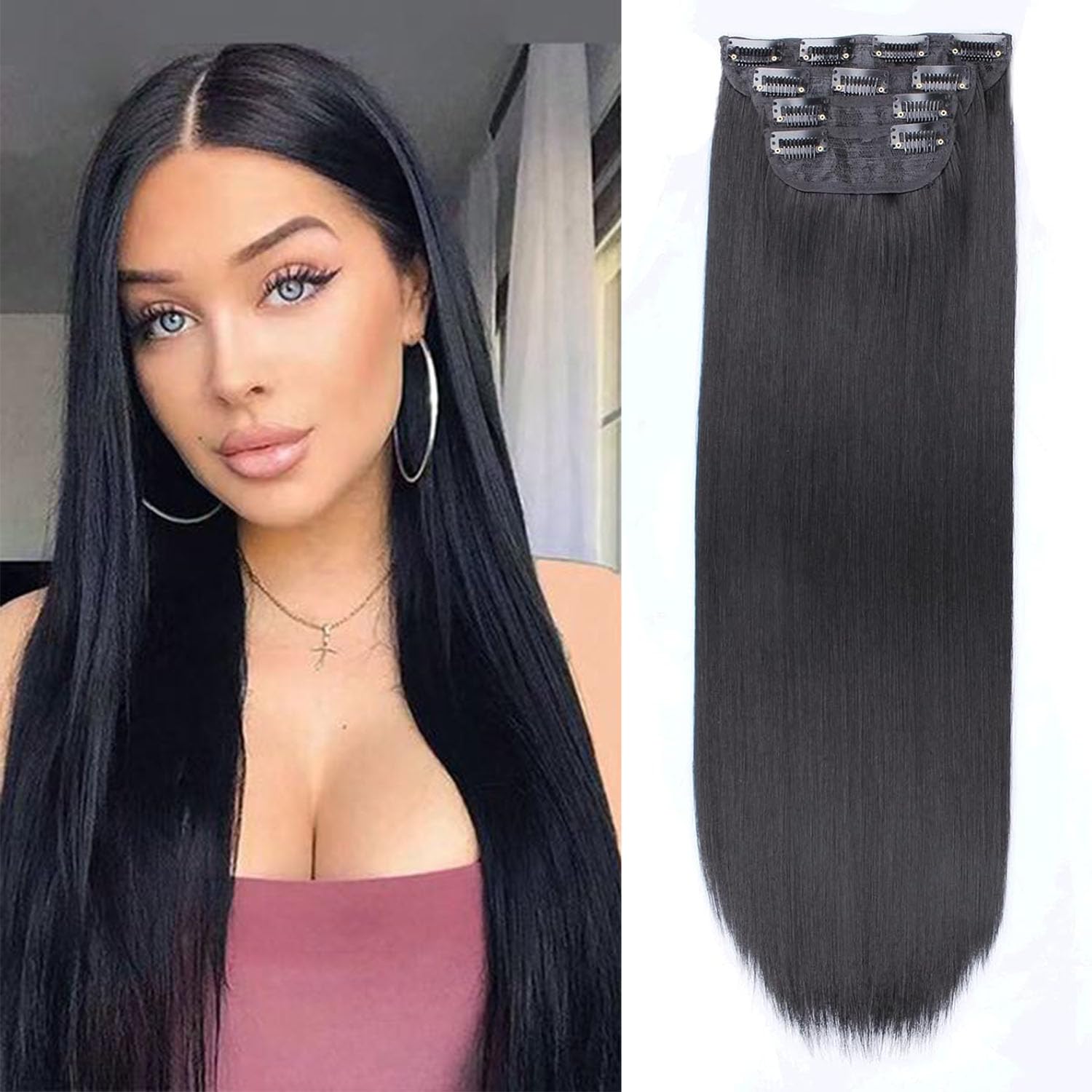 Xtrend 20Inch Clip in Hair Extensions - Black Synthetic Hair Pieces for Women & Girls - 4PCS Full Head Set - Thick Curly & Straight