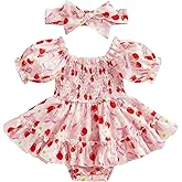 Newborn Infant Baby Girl Smocked Bubble Summer Short Sleeve Romper Dress Pink Bow Onesie + Headband