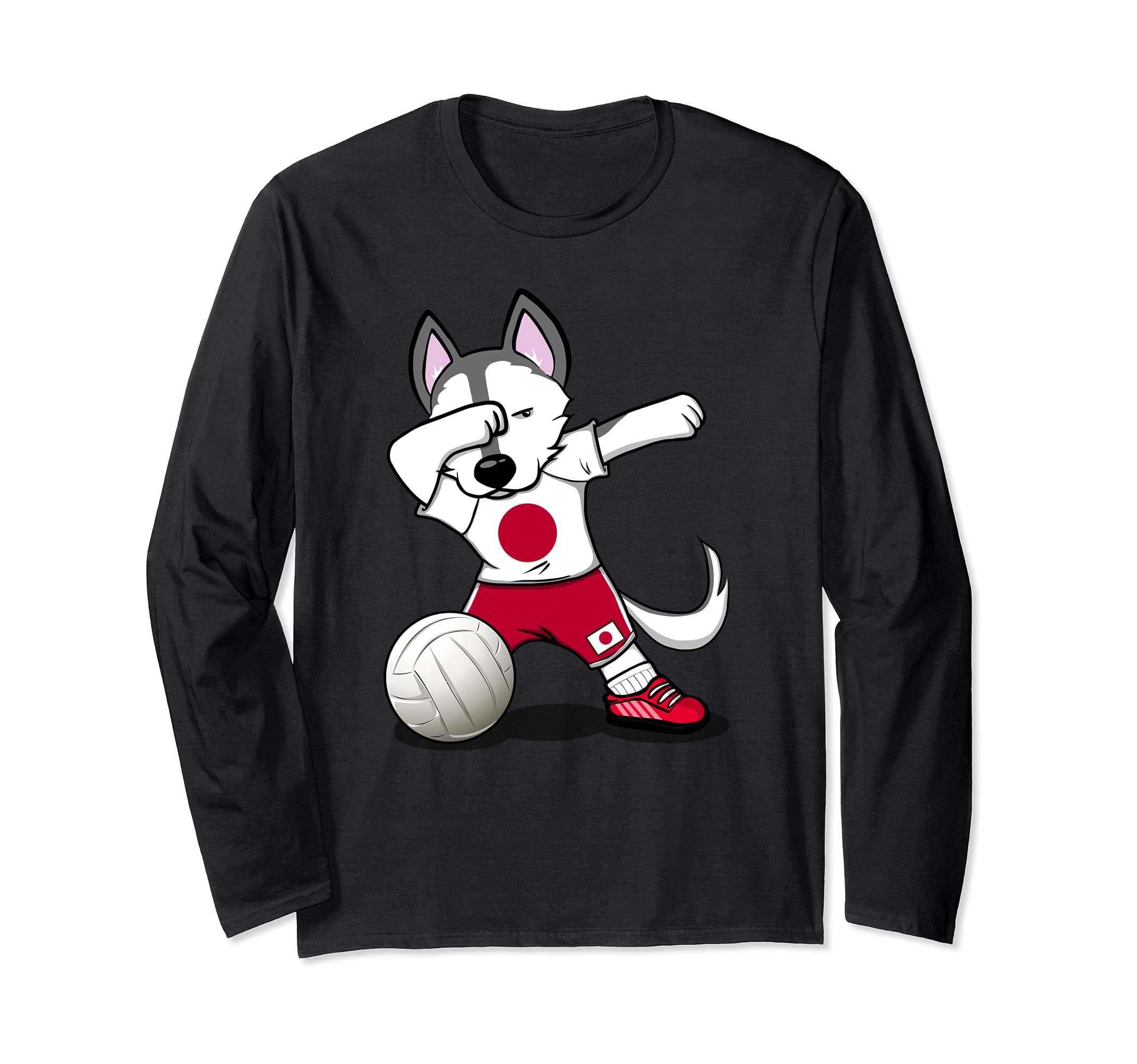 Dabbing Husky Japan Volleyball Fans Jersey - Japanese Flag Long Sleeve T-Shirt