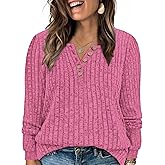 ROSRISS Womens-Plus-Size-Tops Trendy Long Sleeve Henley Shirts Casual Ribbed Knit Tunics Dressy Crewneck Pullover Sweaters