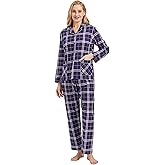 GLOBAL Women's Flannel Pajamas Set 100% Cotton PJs for Women Long Sleeve Button Drawstring Waist Warm Loungewear Sleepwear
