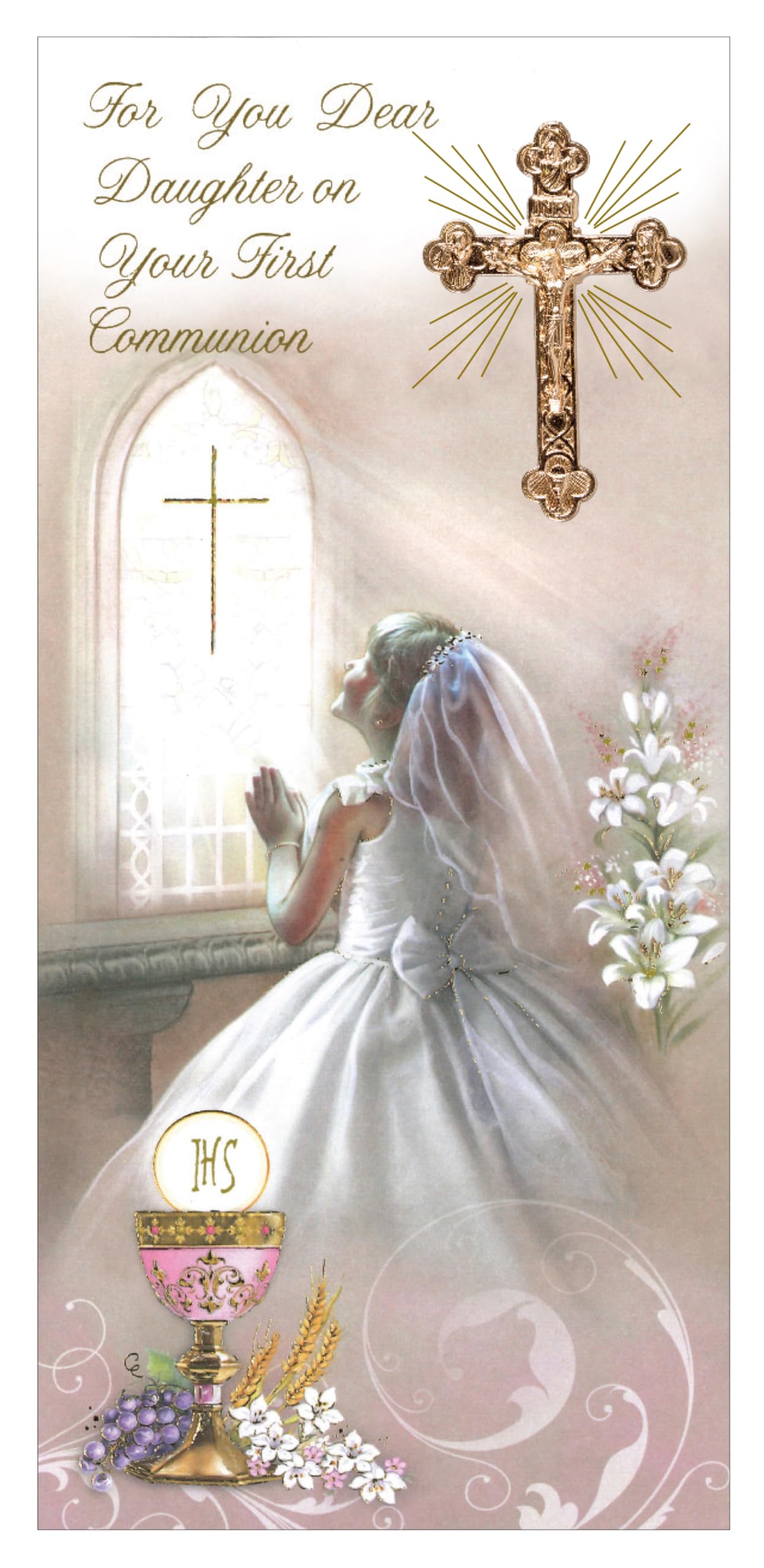 Daughter First Holy Communion Religious Celebration Card with Cross Crucifix and gold stamped for her Commitment to Jesus