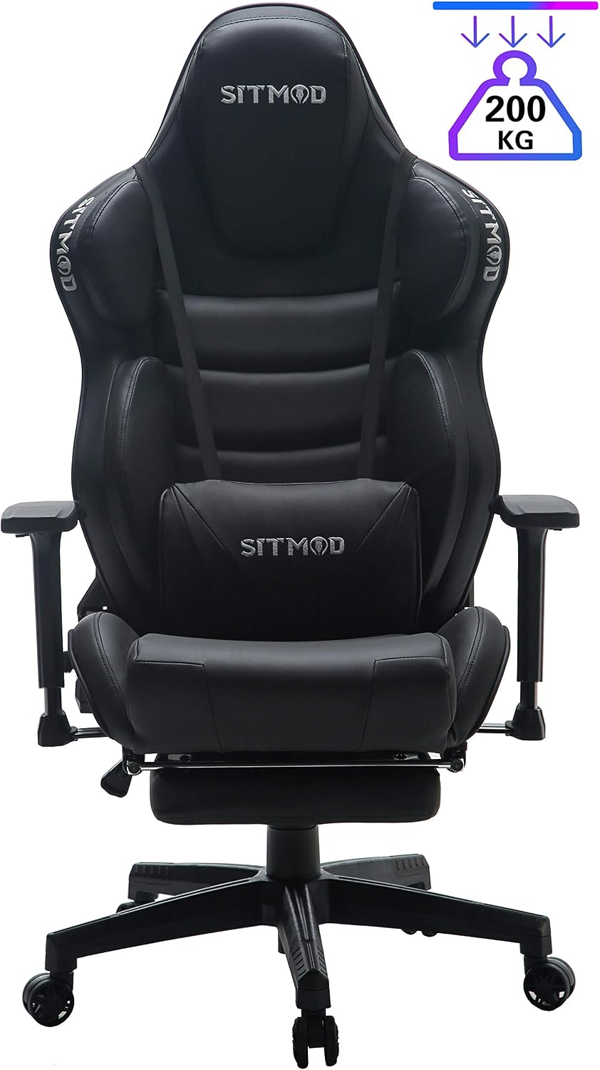 Chaise Gamer GTPLAYER Ergonomique - Support Lombaire Massage USB, Repose-pieds, Appui-tête Réglable - Tissu Noir, Charge 150 Kg