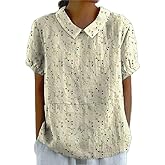 Women's Boho Floral Cotton Linen Short Sleeve Shirt Top Summer Dressy Casual Cute Lapel Loose Comfy Blouses