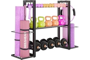 3-Tier Adjustable Dumbbell Rack Heavy Duty Metal Storage Rack, Dumbbell Weight Rack and Kettlebells Rack, Yoga Mat Organizer,