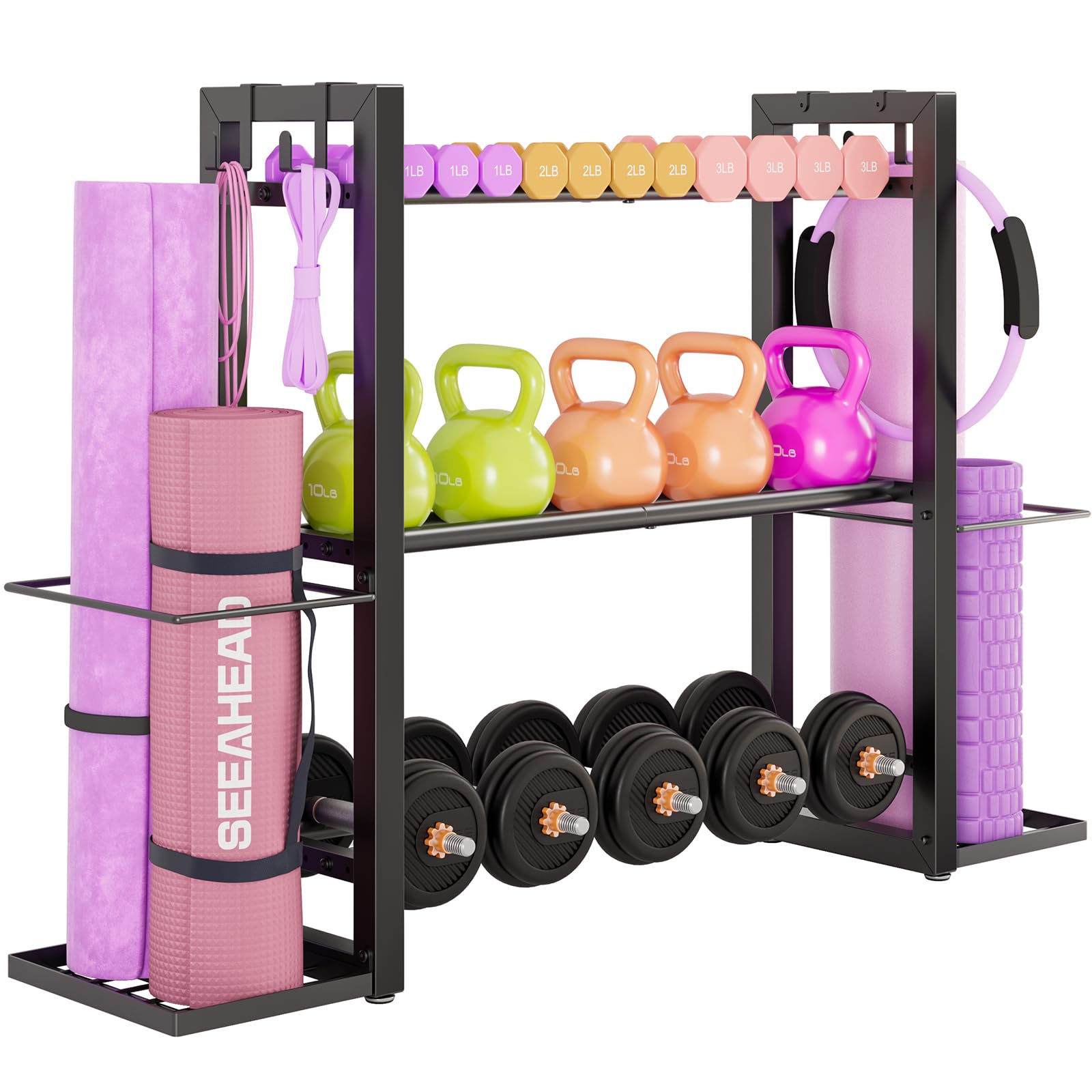 Photo 1 of 3-Tier Adjustable Dumbbell Rack Heavy Duty Metal Storage Rack, Dumbbell Weight Rack and Kettlebells Rack, Yoga Mat Organizer, Multi-Purpose Gym Equipment Storage Stand for Home Gym Accessories