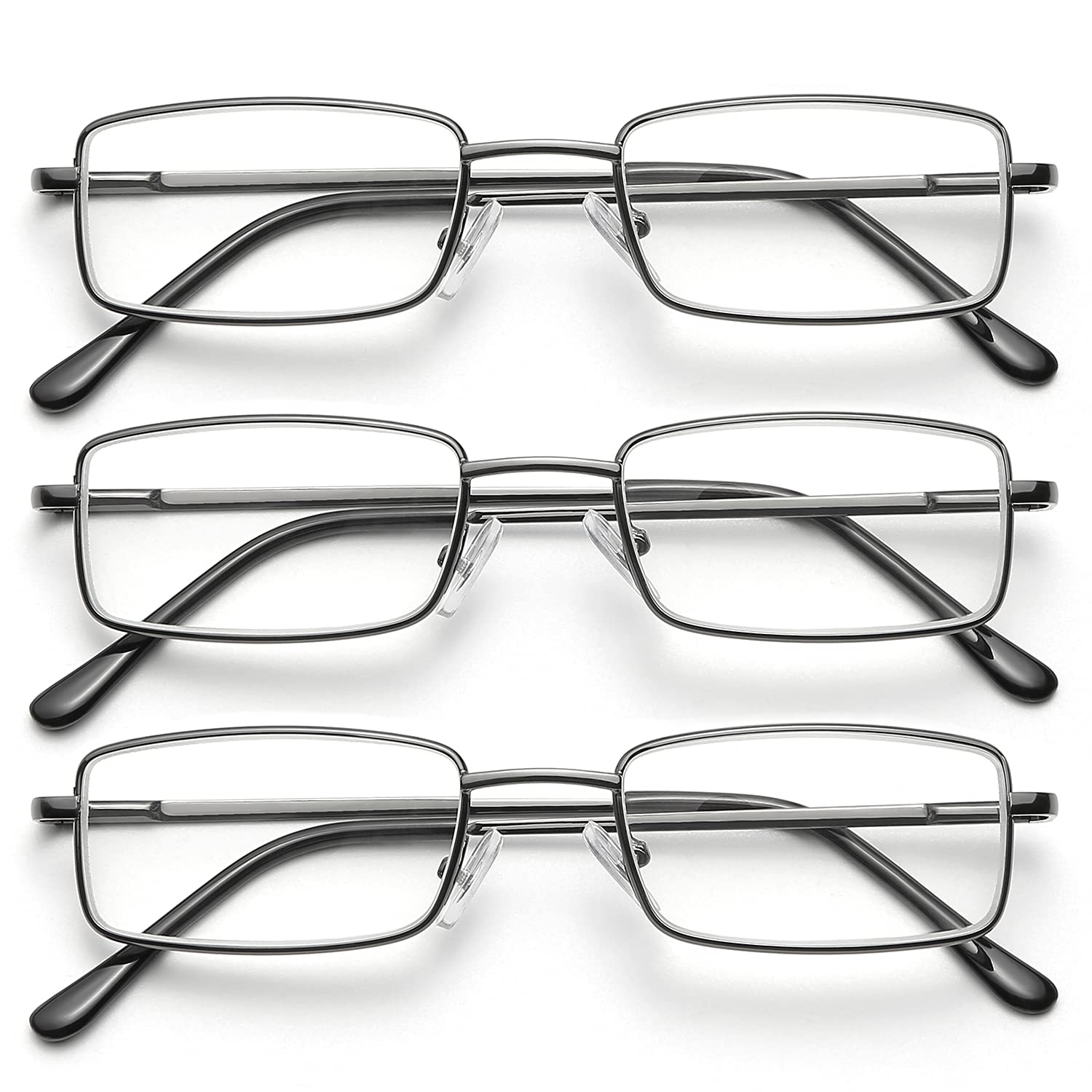 OKH 3 Pack Blue Light Blocking Square Rectangle Metal Reading Glasses for Men Anti Eye Strain/Headache Spring Hinge Clear Reading Eyelasses Reader(3Pack Gun Metal +3.0)