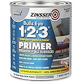 Zinsser 286258 Bulls Eye 1-2-3 All Surface Primer, Quart, Gray | Bulls Eye 1-2-3 water-base primer-sealer, 31.5oz, Gray. All-surface stain-blocking primer for interior &amp; exterior; sticks.