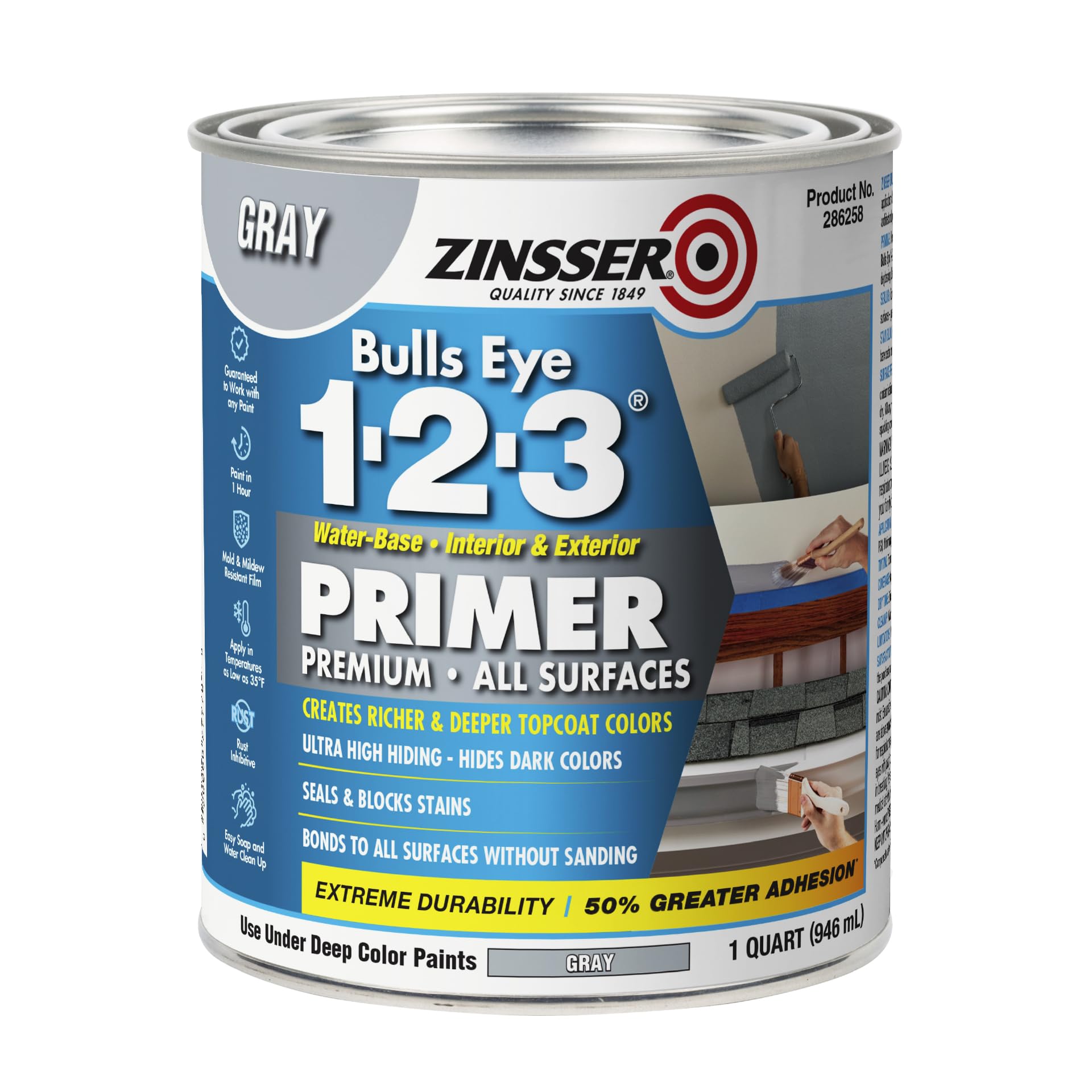 Zinsser 286258 Bulls Eye 1-2-3 All Surface Primer, Quart, Gray