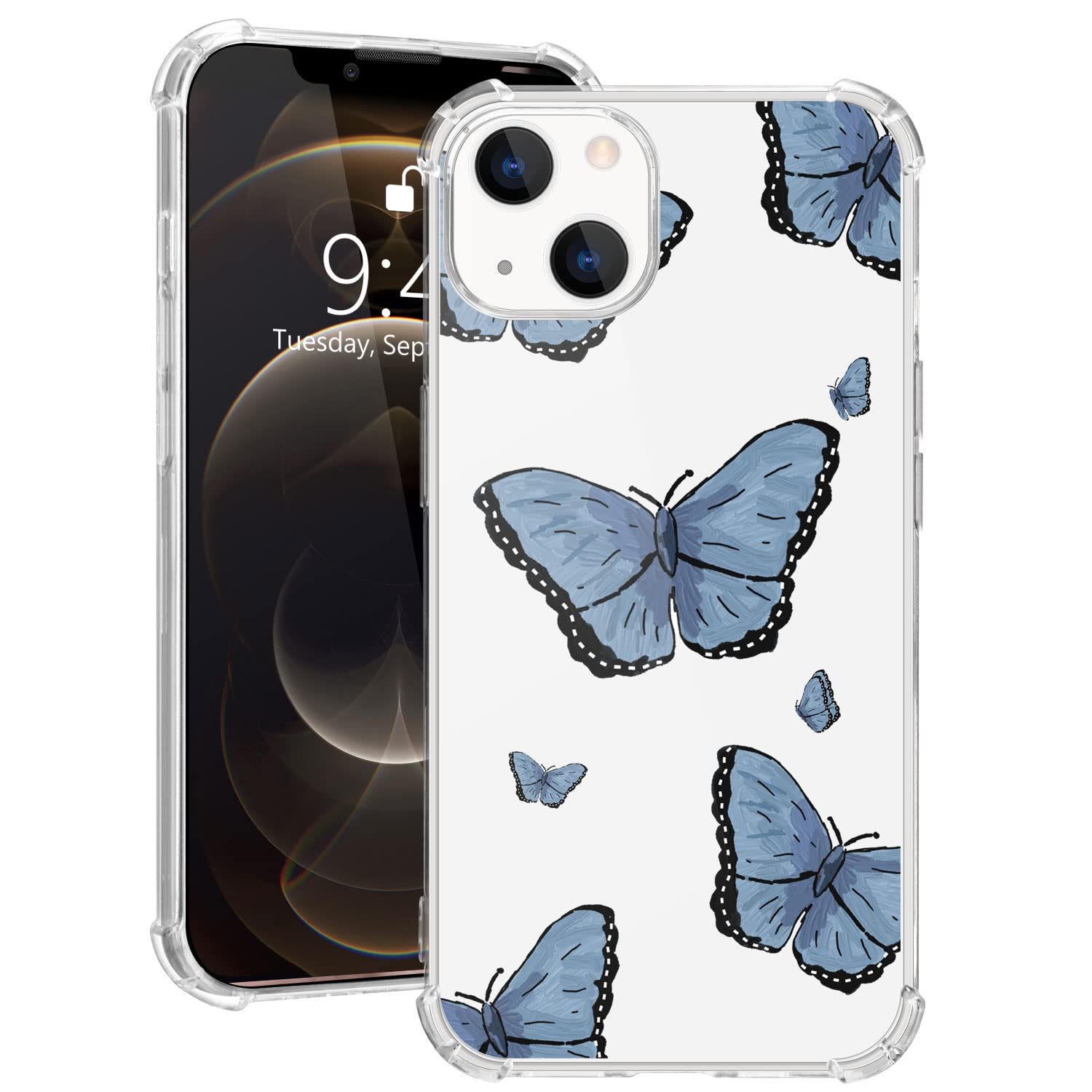 MAYCARI for iPhone 12 Protective Case Cute Girls Butterfly Painting, Clear Girly Design Transparent Shockproof Anti-Scratch Soft Flexible TPU Cover with Air Cushion for iPhone 12(iPhone 12 Phone Case)