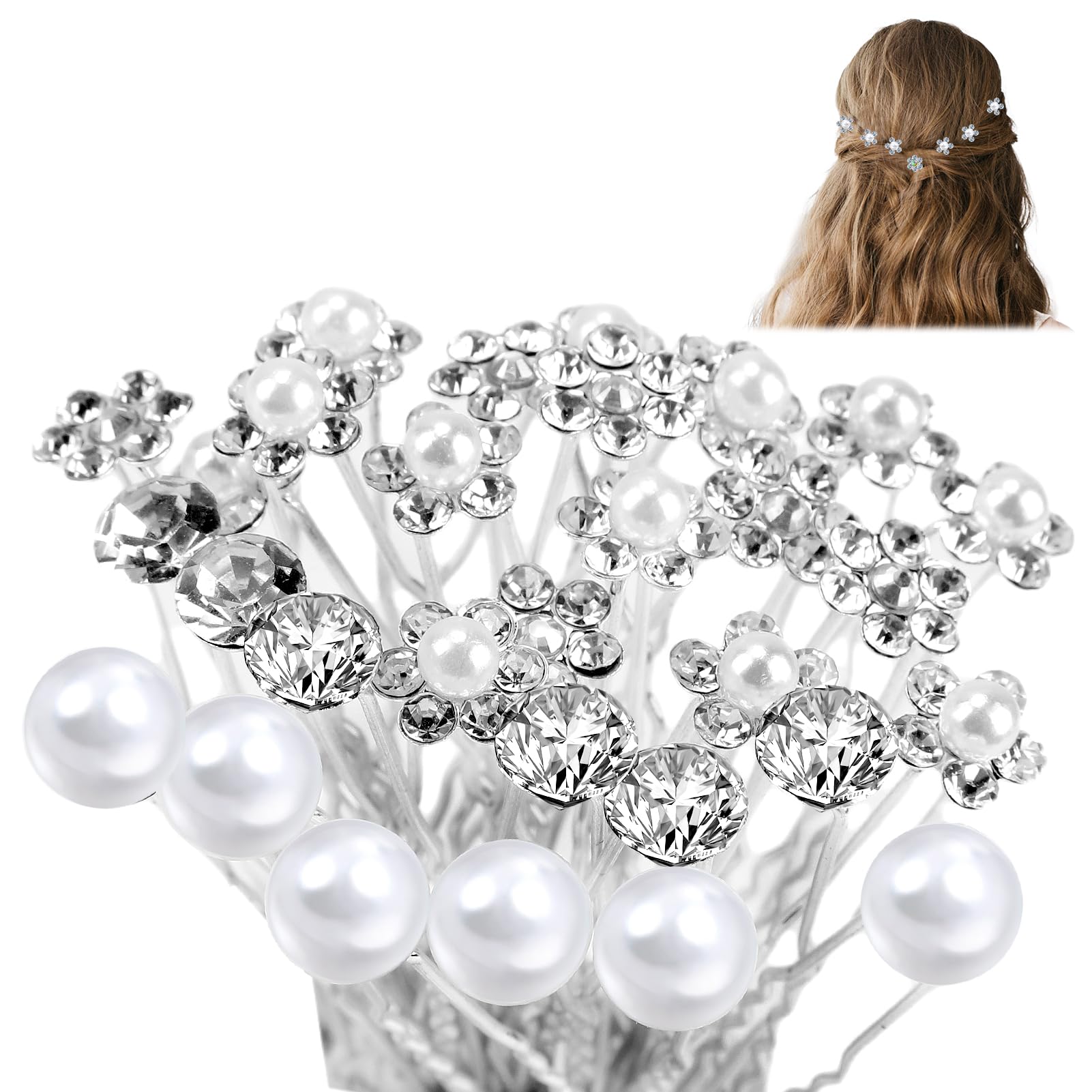 30 Pcs Pearl Hair Pins, Wedding Crystal Hair Pins Set Bridal U Shaped Diamond Rhinestone Hair Clips 5 styles Fancy Hair Jewelry Accessories for Wedding Bride Bridesmaid Girls Women Prom Party Ball